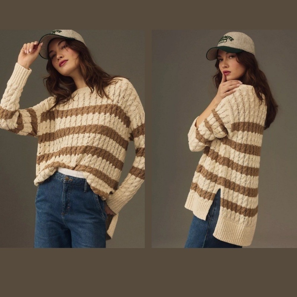 NEW Anthropologie Pilcro Sm Neutral Cable Knit Oversized Long Line Sweater $128